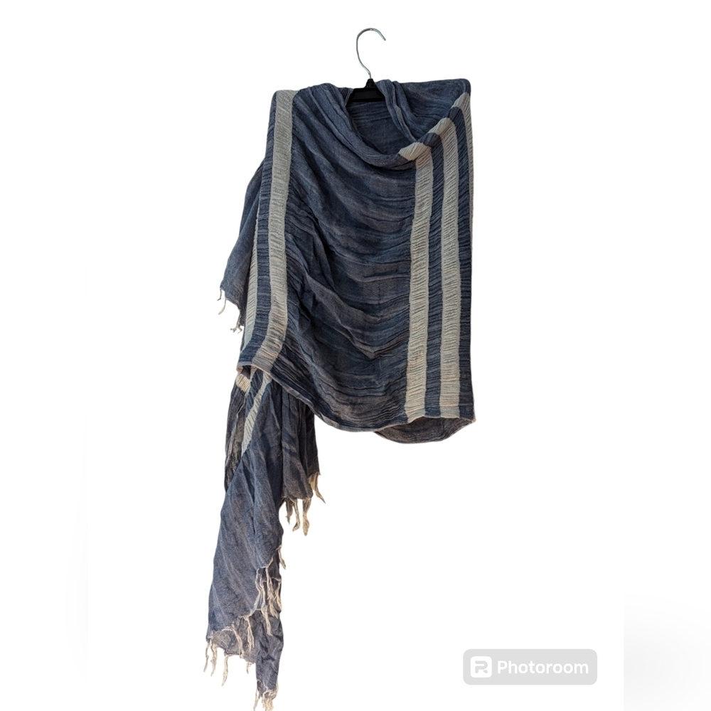 Denim Scarf Cotton Scarf Shawl Wrap boho style blue white striped fringe